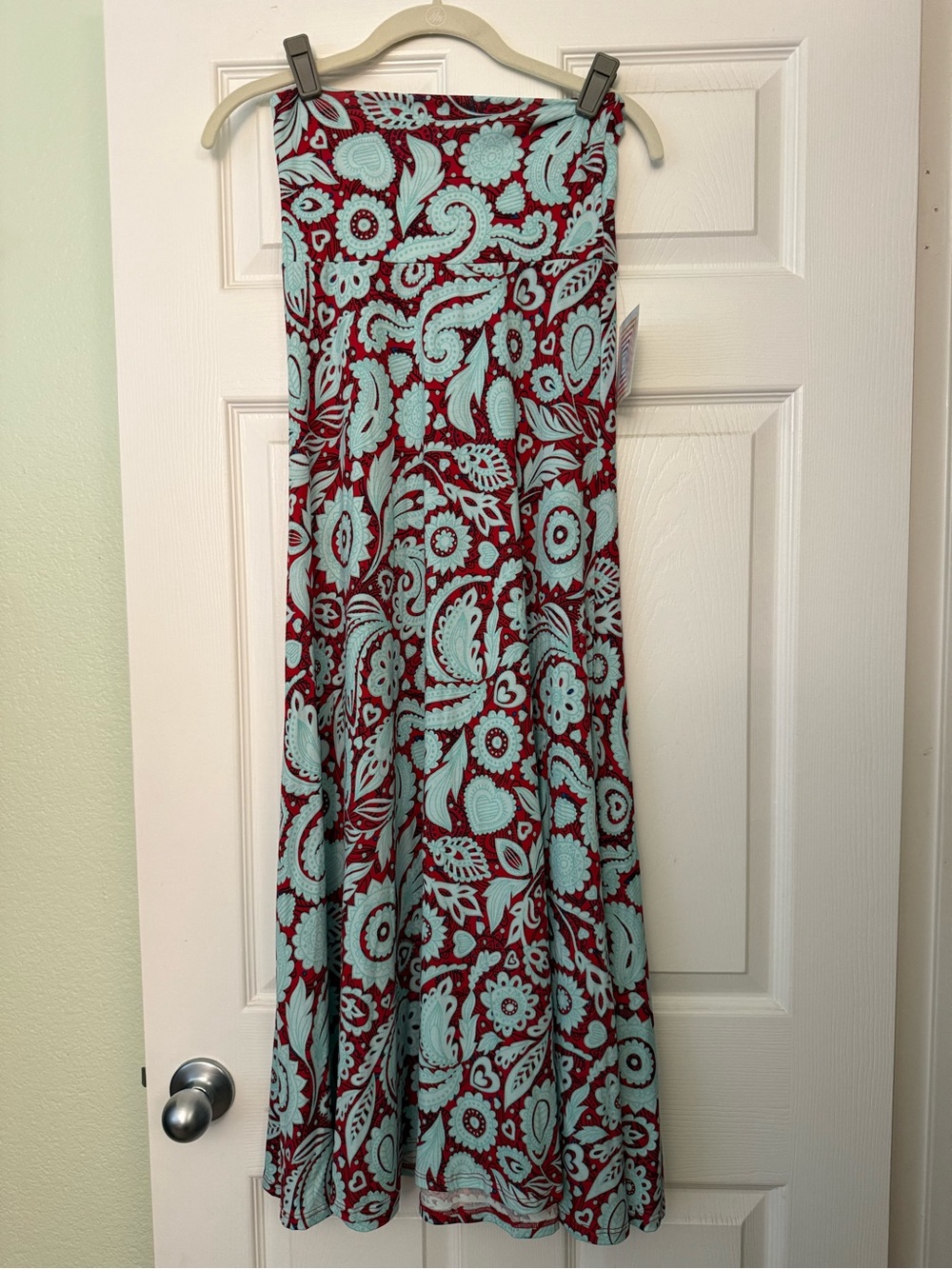 LuLaRoe Strapless Maxi Dress in Aqua and Burgundy Paisley